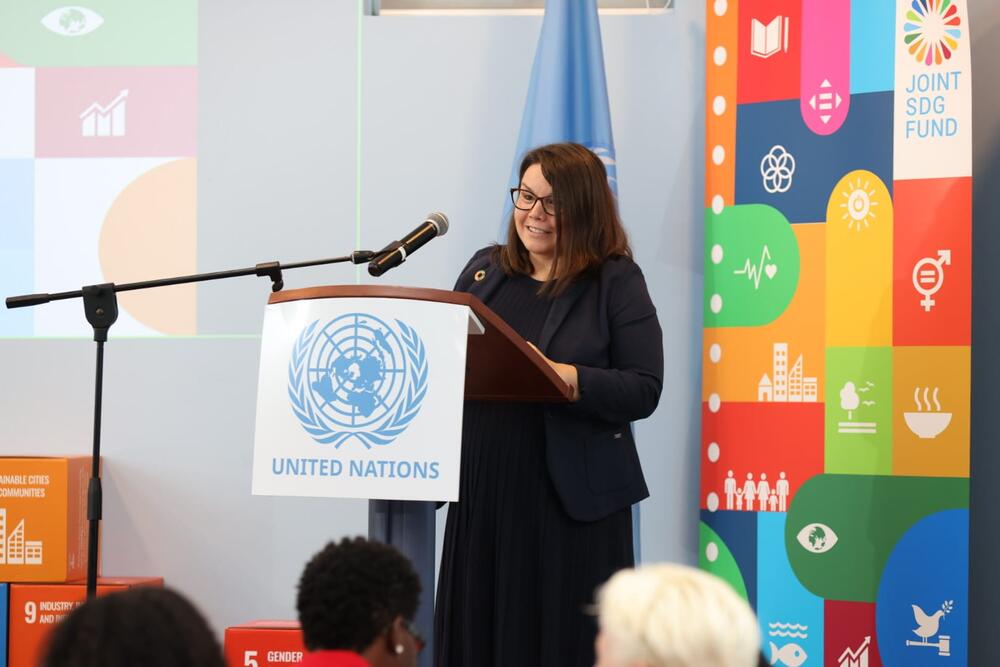 Jenny Karlsen, Deputy Director, UNFPA Sub-Regional Office for the Caribbean addressing a hybrid Strategic Dialogue and Close-Out Meeting, held at UN House in Barbados