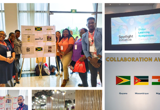 Collage featuring UNFPA Caribbean team next to banner, and the Global Learning Symposium on the screen.