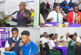 A collage featuring Jewel Quallo Rosberg delivering speech as well as students participating in activities