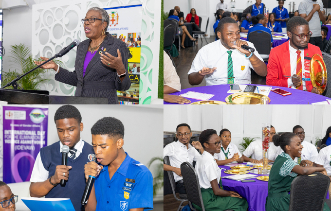 A collage featuring Jewel Quallo Rosberg delivering speech as well as students participating in activities