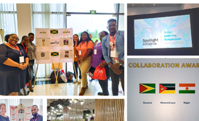 Collage featuring UNFPA Caribbean team next to banner, and the Global Learning Symposium on the screen.