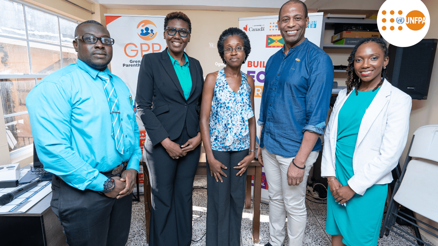 Left to Right: Dario Alexander GPPA Executive Director, De-Jane Gibbons, UNFPA Liaison Officer for Barbados and the OECS; Dr Tonia Frame, President of GPPA Board of Directors; Hon. Gregory Fergus; Ramona Grandison, Project Coordination Analyst, Build Back Equal, Grenada/UNFPA Photo - Shem Joseph