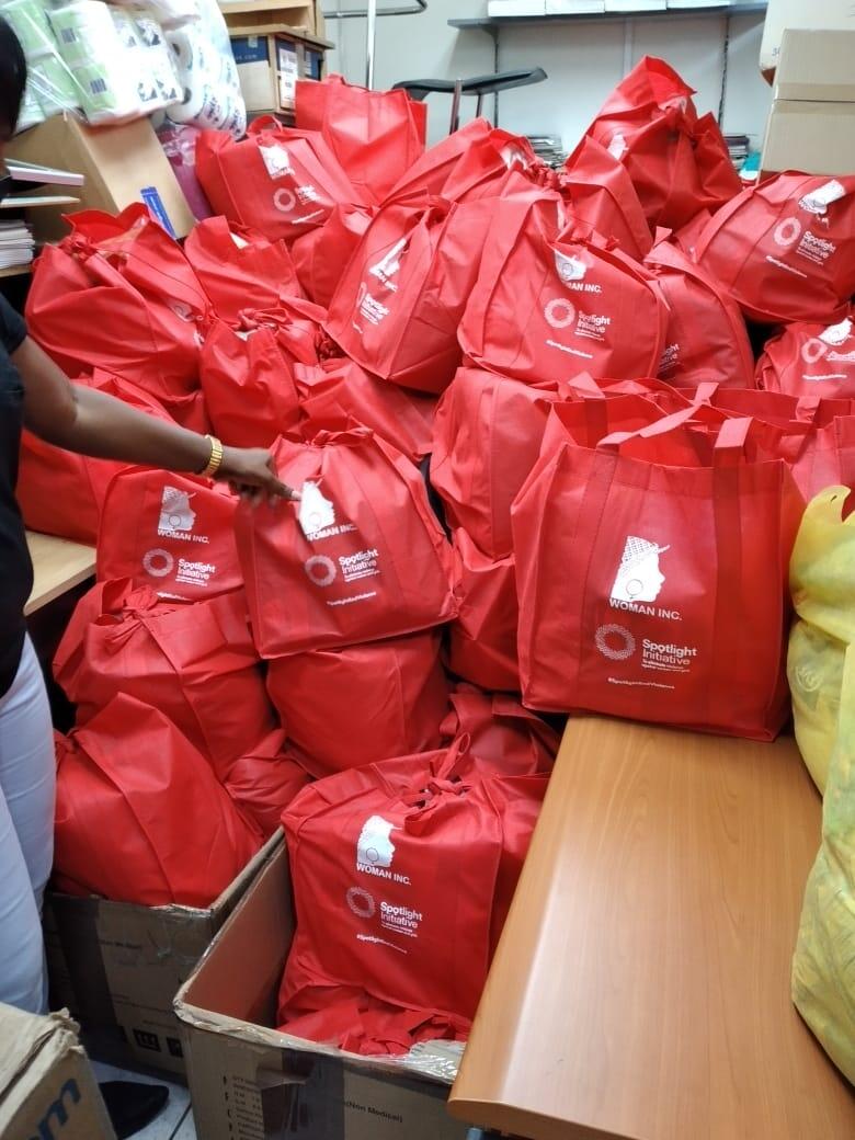 Image showing care packages for distribution by Women Inc. under the Spotlight Initiative in Jamaica