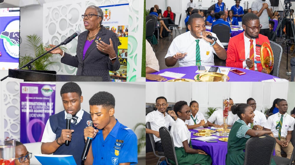 A collage featuring Jewel Quallo Rosberg delivering speech as well as students participating in activities