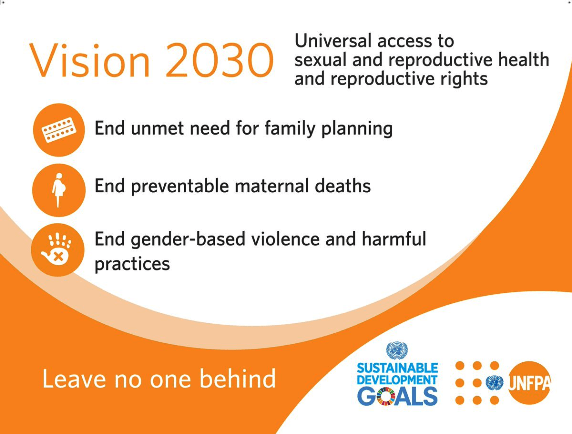 UNFPA Vision 2030 Goals - End unmet need for family planning, End preventable maternal deaths, End gender-based violence and harmful practices